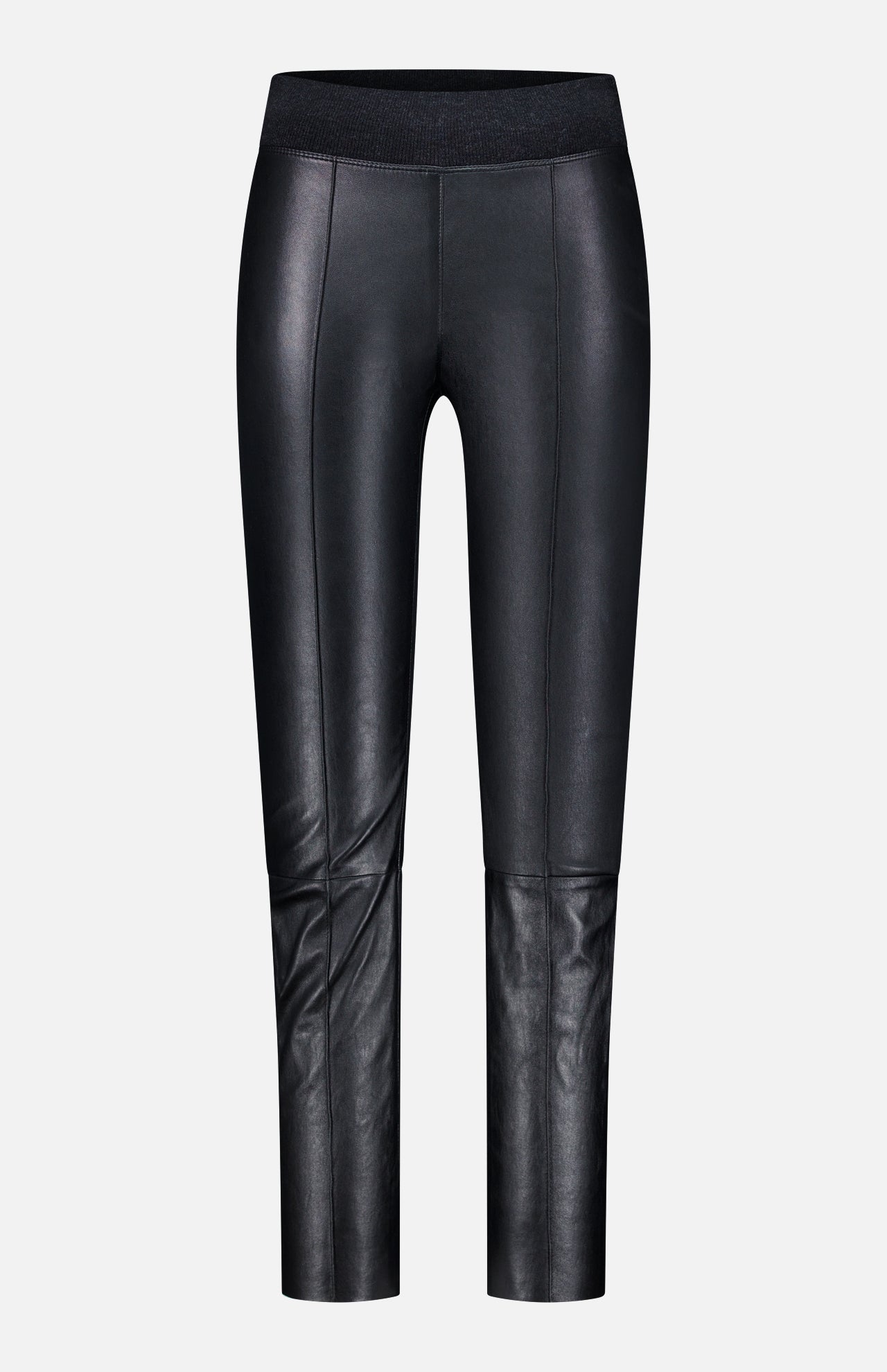 The BRUNELLO CUCINELLI Stretch Leather Legging features a high waist and seam detailing down the front and across the knees, crafted in classic black faux leather. Displayed against a plain light gray background, these leggings effortlessly elevate your womenswear wardrobe with their perfect blend of comfort and style.