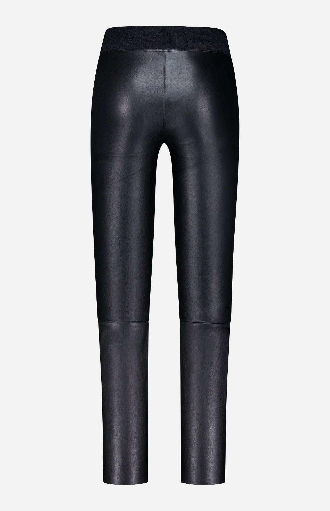 The BRUNELLO CUCINELLI Stretch Leather Legging is showcased from the back, highlighting its high waistband and cropped ankle-length silhouette in black faux leather. Presented against a plain light gray background, these leggings offer a sleek and modern touch to contemporary womenswear.
