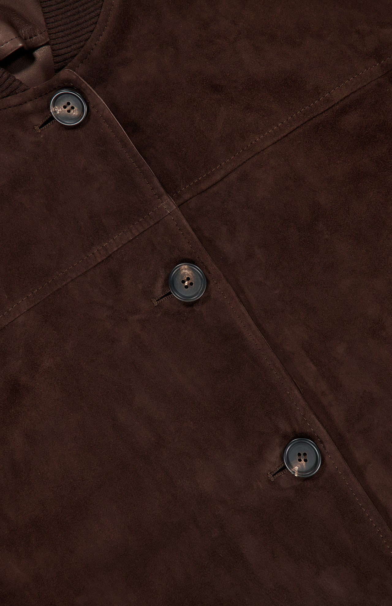 Close-up of the BRUNELLO CUCINELLI Suede Button Front Jacket with Knit Collar, showcasing three black buttons and visible stitching on the smooth brown suede, highlighting the refined details of this cropped jacket.