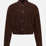 The BRUNELLO CUCINELLI Suede Button Front Jacket with Knit Collar is shown in dark brown, featuring long sleeves, a short collar, and four prominent buttons down the front, displayed against a plain white background.