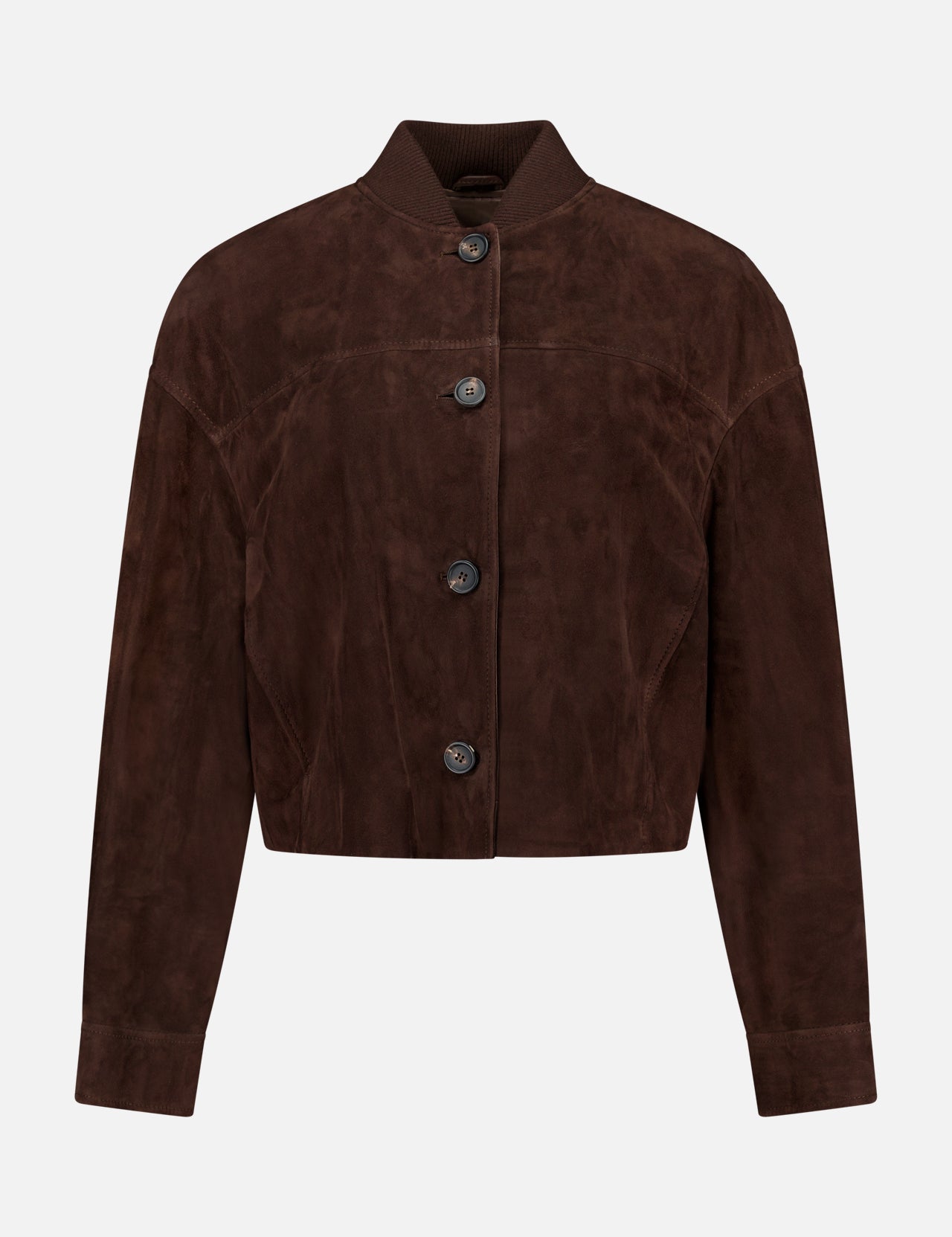 The BRUNELLO CUCINELLI Suede Button Front Jacket with Knit Collar is shown in dark brown, featuring long sleeves, a short collar, and four prominent buttons down the front, displayed against a plain white background.