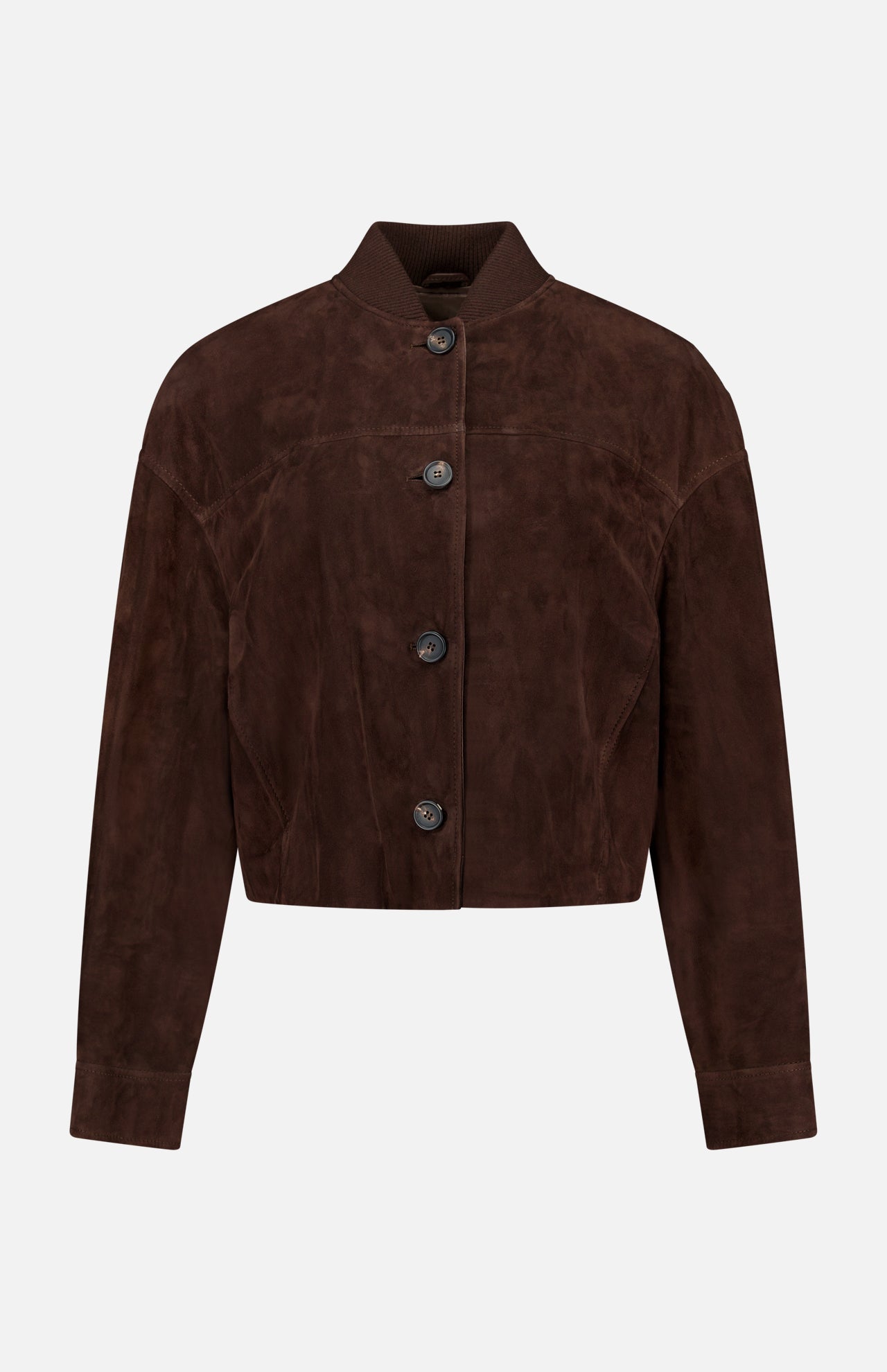 The BRUNELLO CUCINELLI Suede Button Front Jacket with Knit Collar is shown in dark brown, featuring long sleeves, a short collar, and four prominent buttons down the front, displayed against a plain white background.