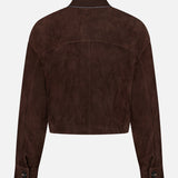 Here’s a revised version incorporating the provided product data: Back view of the BRUNELLO CUCINELLI Suede Button Front Jacket with Knit Collar, showcasing long sleeves with buttoned cuffs, a ribbed knit collar, and a short, boxy silhouette. Crafted from soft matte suede, this jacket features subtle seam detailing across the back and is elegantly finished with refined monili embroidery for an added touch of sophistication.