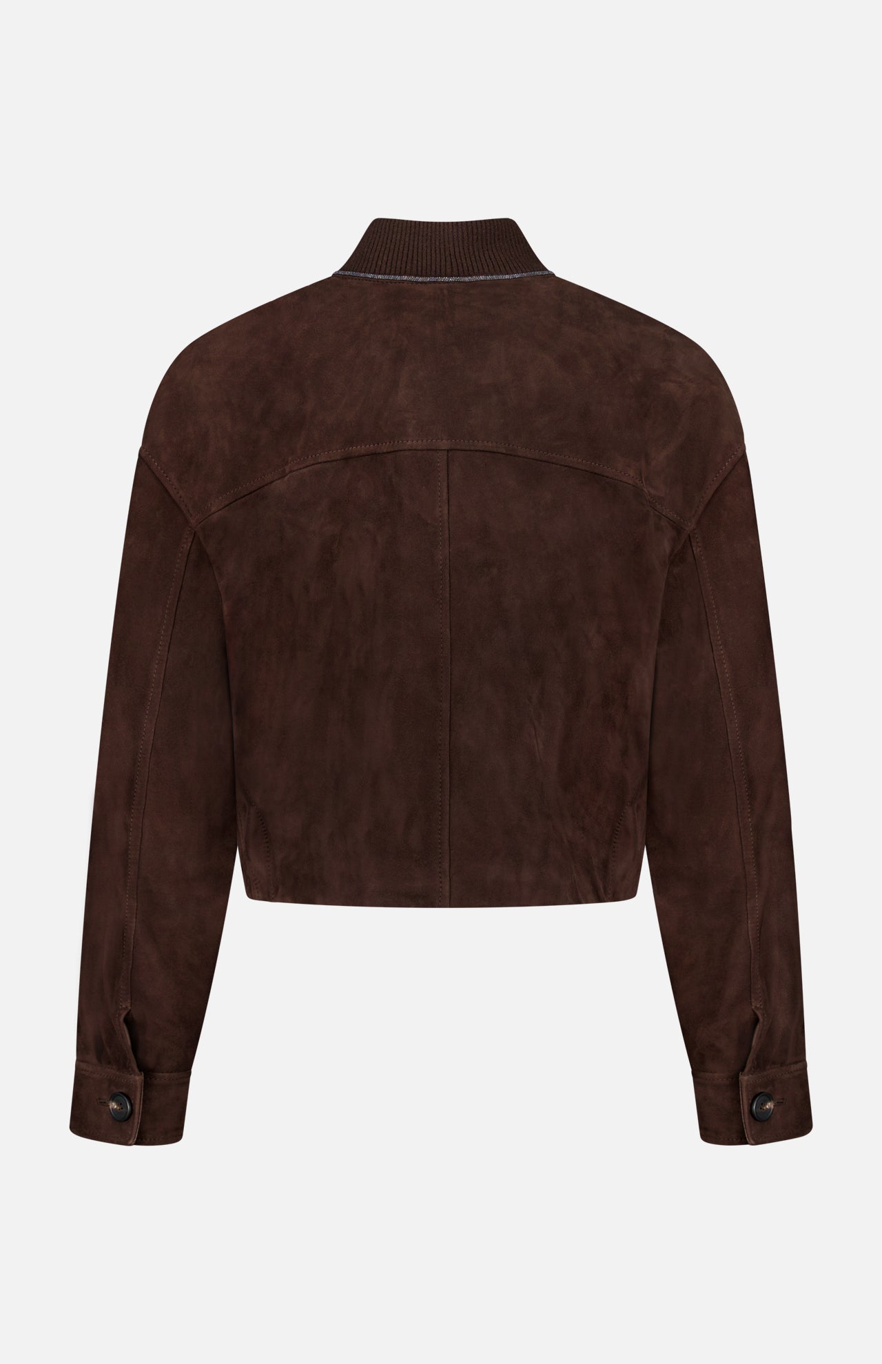 Here’s a revised version incorporating the provided product data: Back view of the BRUNELLO CUCINELLI Suede Button Front Jacket with Knit Collar, showcasing long sleeves with buttoned cuffs, a ribbed knit collar, and a short, boxy silhouette. Crafted from soft matte suede, this jacket features subtle seam detailing across the back and is elegantly finished with refined monili embroidery for an added touch of sophistication.