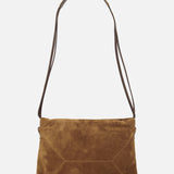 The Suede Mini Pouchette with Monili by BRUNELLO CUCINELLI features a simple rectangular design in elegant caramel brown suede, highlighted by visible stitching and a long dark brown strap. Displayed against a plain white background, this timeless accessory exudes refined sophistication.