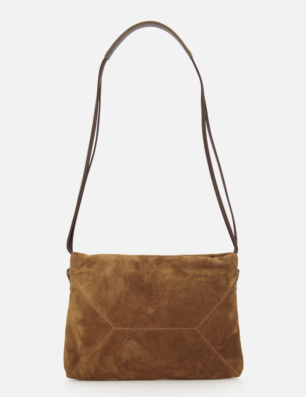 The Suede Mini Pouchette with Monili by BRUNELLO CUCINELLI features a simple rectangular design in elegant caramel brown suede, highlighted by visible stitching and a long dark brown strap. Displayed against a plain white background, this timeless accessory exudes refined sophistication.