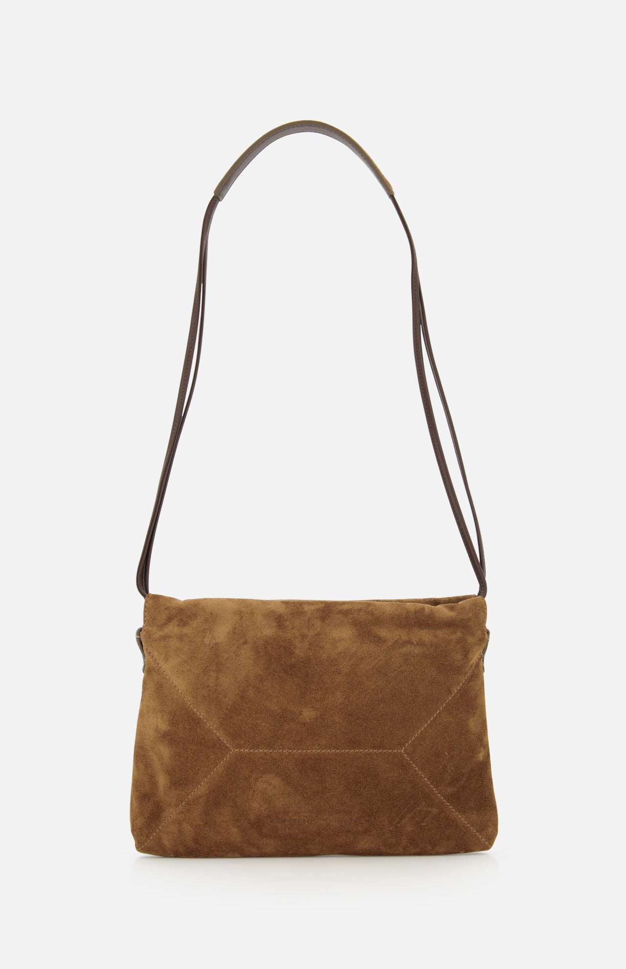 The Suede Mini Pouchette with Monili by BRUNELLO CUCINELLI features a simple rectangular design in elegant caramel brown suede, highlighted by visible stitching and a long dark brown strap. Displayed against a plain white background, this timeless accessory exudes refined sophistication.