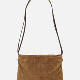 The Brunello Cucinelli Suede Mini Pouchette with Monili is a brown suede shoulder bag featuring a single dark strap and a rectangular, minimalist design in rich caramel tones, displayed against a plain white background.