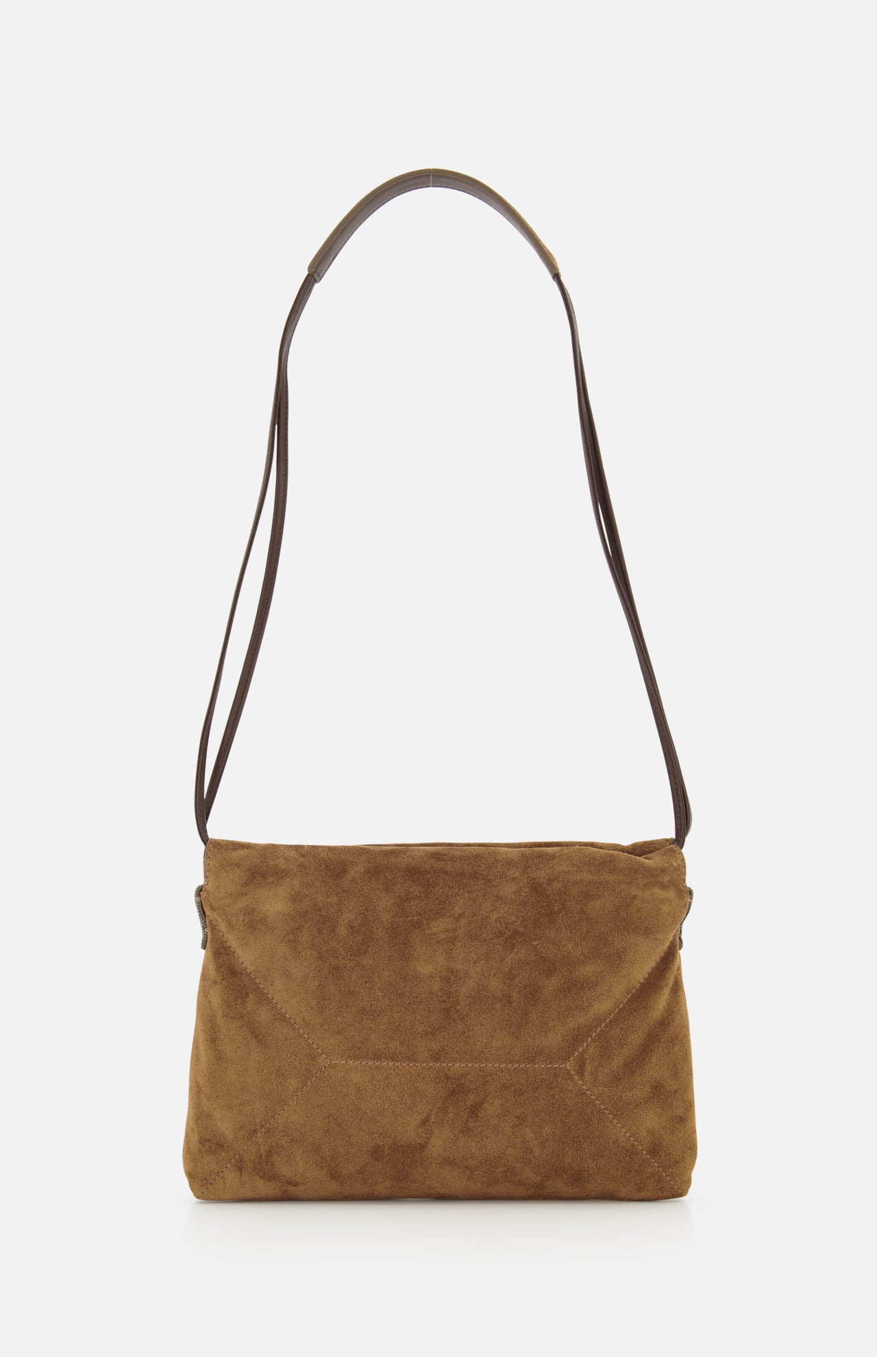 The Brunello Cucinelli Suede Mini Pouchette with Monili is a brown suede shoulder bag featuring a single dark strap and a rectangular, minimalist design in rich caramel tones, displayed against a plain white background.