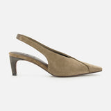 The BRUNELLO CUCINELLI Suede Wrap Slingback Heel features tan suede in a minimalist, pointed-toe silhouette with a mid-height covered heel, embodying the brand’s refined aesthetic and shown against a white background.