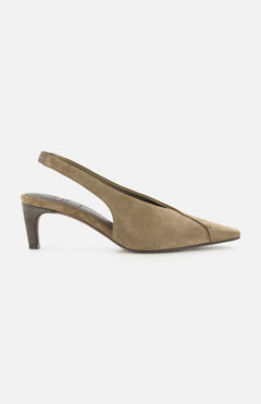 The BRUNELLO CUCINELLI Suede Wrap Slingback Heel features tan suede in a minimalist, pointed-toe silhouette with a mid-height covered heel, embodying the brand’s refined aesthetic and shown against a white background.