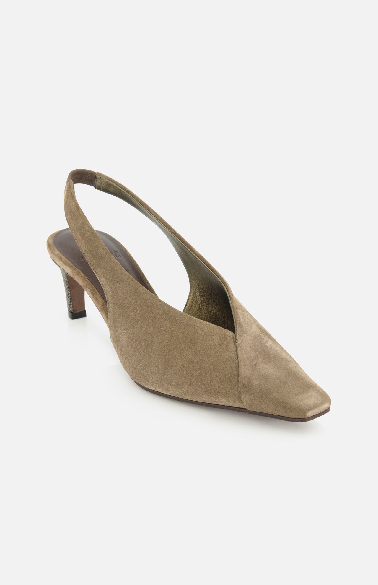 The Suede Wrap Slingback Heel by BRUNELLO CUCINELLI features a taupe suede finish, a pointed square toe, and a low heel, presented against a white background.