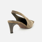 The BRUNELLO CUCINELLI Suede Wrap Slingback Heel in taupe suede features a pointed toe and a textured heel, captured from the back at an angle against a plain white background.