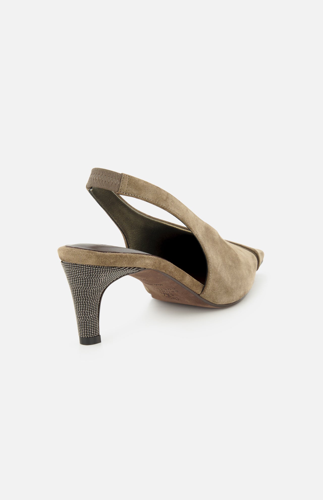 The BRUNELLO CUCINELLI Suede Wrap Slingback Heel in taupe suede features a pointed toe and a textured heel, captured from the back at an angle against a plain white background.