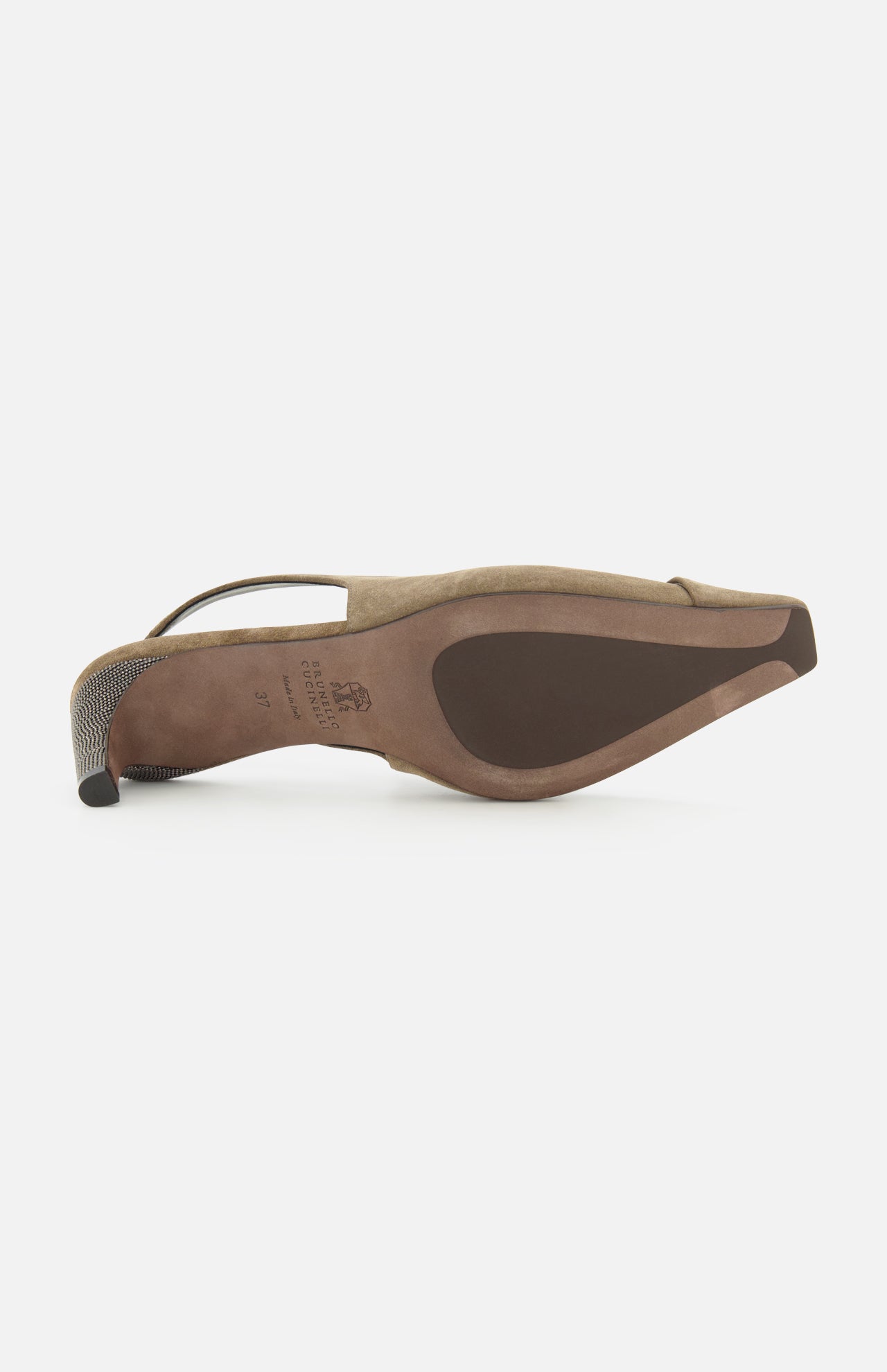 A taupe BRUNELLO CUCINELLI Suede Wrap Slingback Heel shown from the bottom, featuring a pointed toe, textured suede heel, and dark rubber sole inserts for added grip on the forefoot and heel.