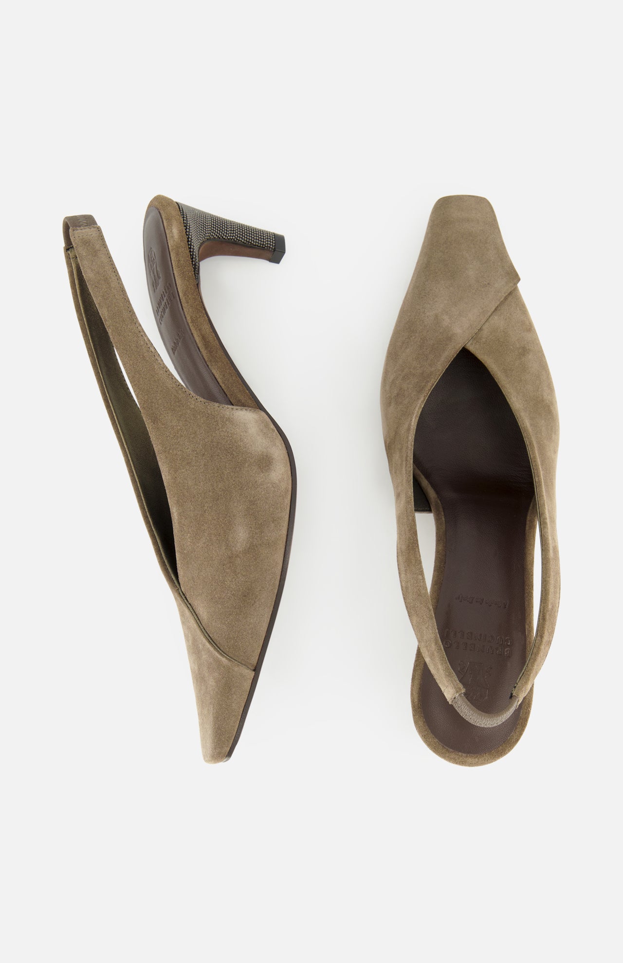 A pair of BRUNELLO CUCINELLI Suede Wrap Slingback Heels is displayed on a white background, with one shoe standing upright and the other positioned on its side to showcase both the top and side views.