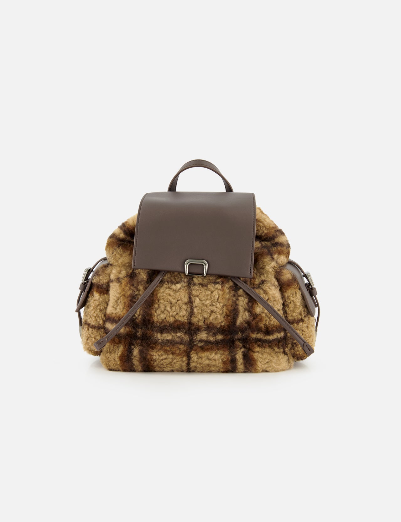 The BRUNELLO CUCINELLI Tartan Curly Shearling Backpack showcases a stylish design with a brown leather flap and handle, complemented by soft, curly yellow and brown plaid shearling in a classic tartan pattern on the main body and sides, all presented against a plain white background.