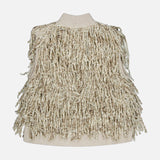 Beige Brunello Cucinelli Twisted Fringed Wool Mohair Zip Vest with a high neck and a textured surface featuring twisted fringe details.