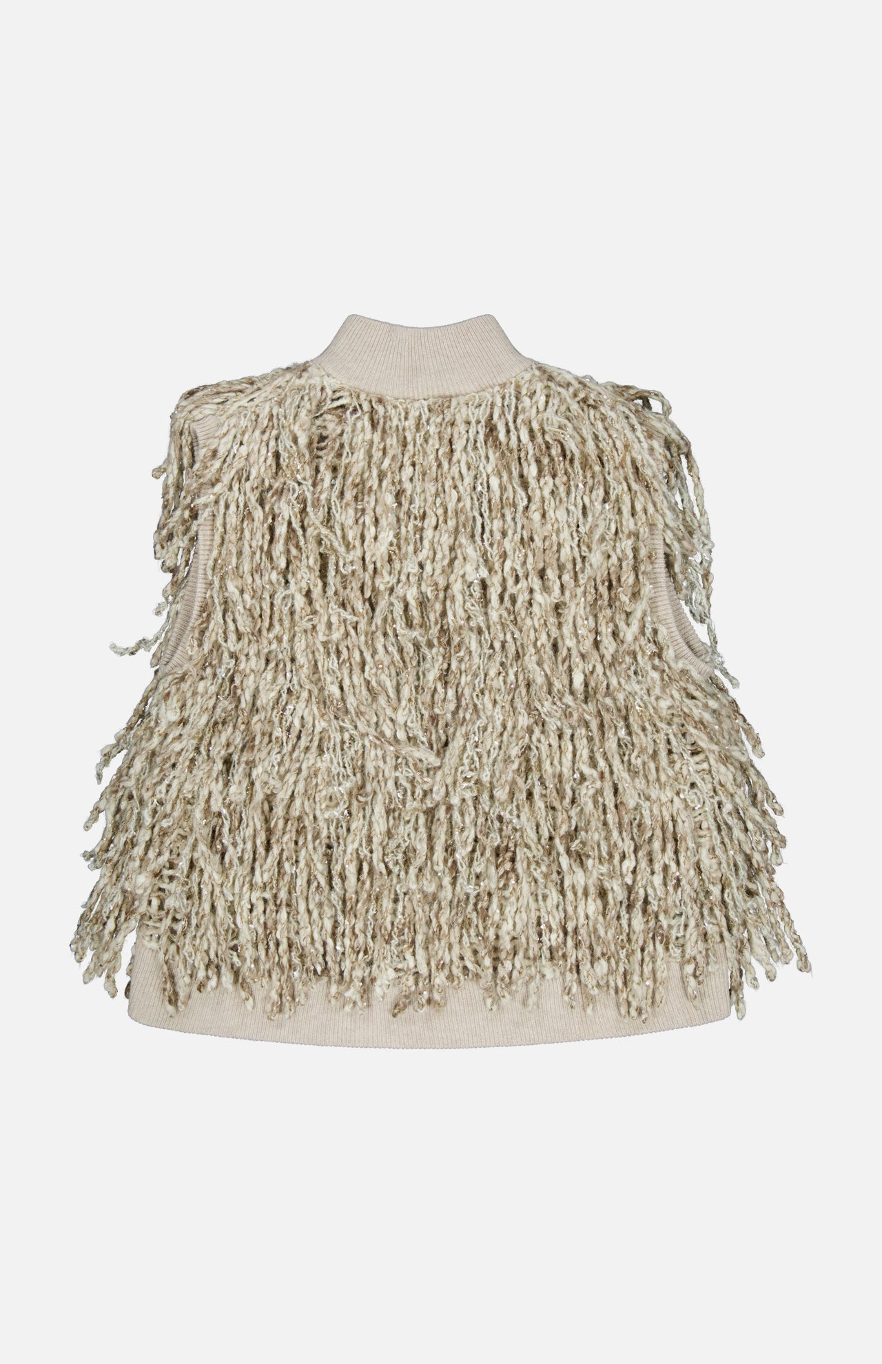 Beige Brunello Cucinelli Twisted Fringed Wool Mohair Zip Vest with a high neck and a textured surface featuring twisted fringe details.