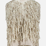 Beige Twisted Fringed Wool Mohair Zip Vest with Italian craftsmanship, covered in long, twisted yarn fringe.
