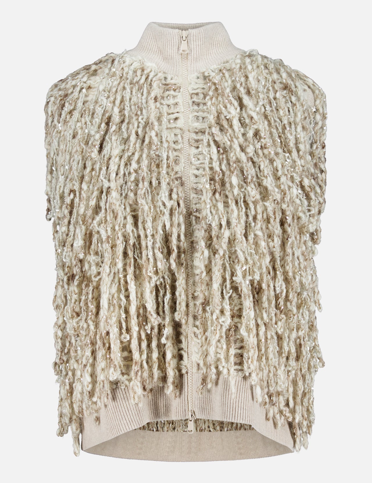 Beige Twisted Fringed Wool Mohair Zip Vest with Italian craftsmanship, covered in long, twisted yarn fringe.