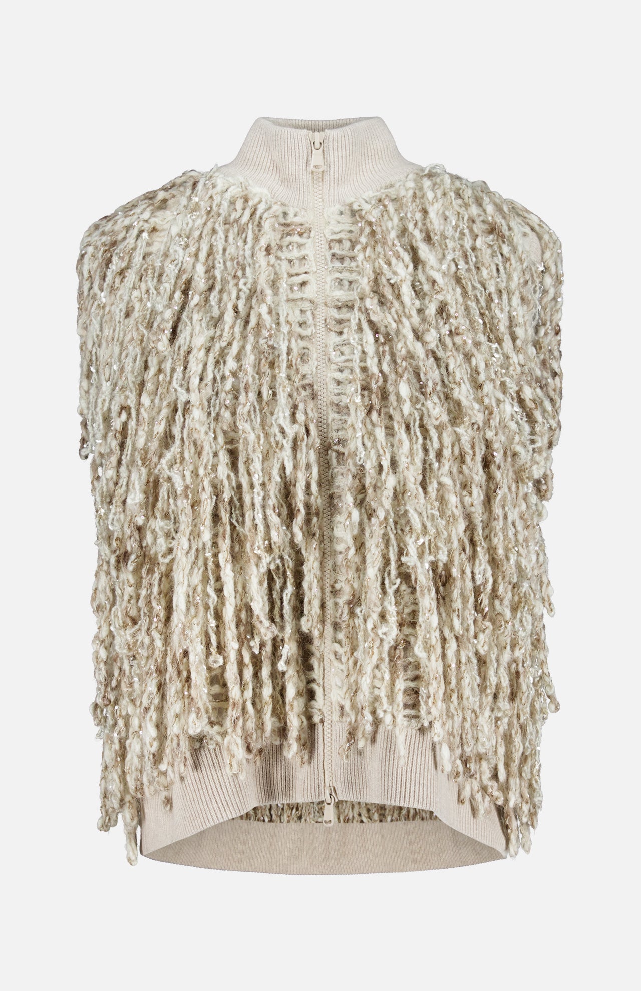 Beige Twisted Fringed Wool Mohair Zip Vest with Italian craftsmanship, covered in long, twisted yarn fringe.