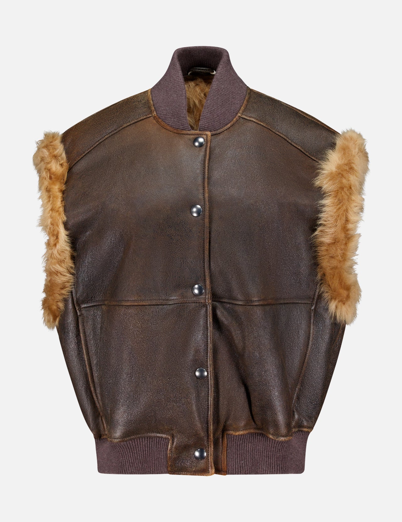 The Vintage Aviator Shearling Vest from BRUNELLO CUCINELLI features a brown leather exterior with tan fur trim along the armholes, a dark ribbed collar and hem, and snap button front closure. This aviator-style vest is finished with classic details and a cozy shearling lining for enhanced warmth and comfort.