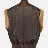 Back view of the BRUNELLO CUCINELLI Vintage Aviator Shearling Vest in brown leather, showcasing a ribbed collar and hem with tan faux fur accents on the shoulders for a classic aviator-inspired look, displayed against a plain white background.