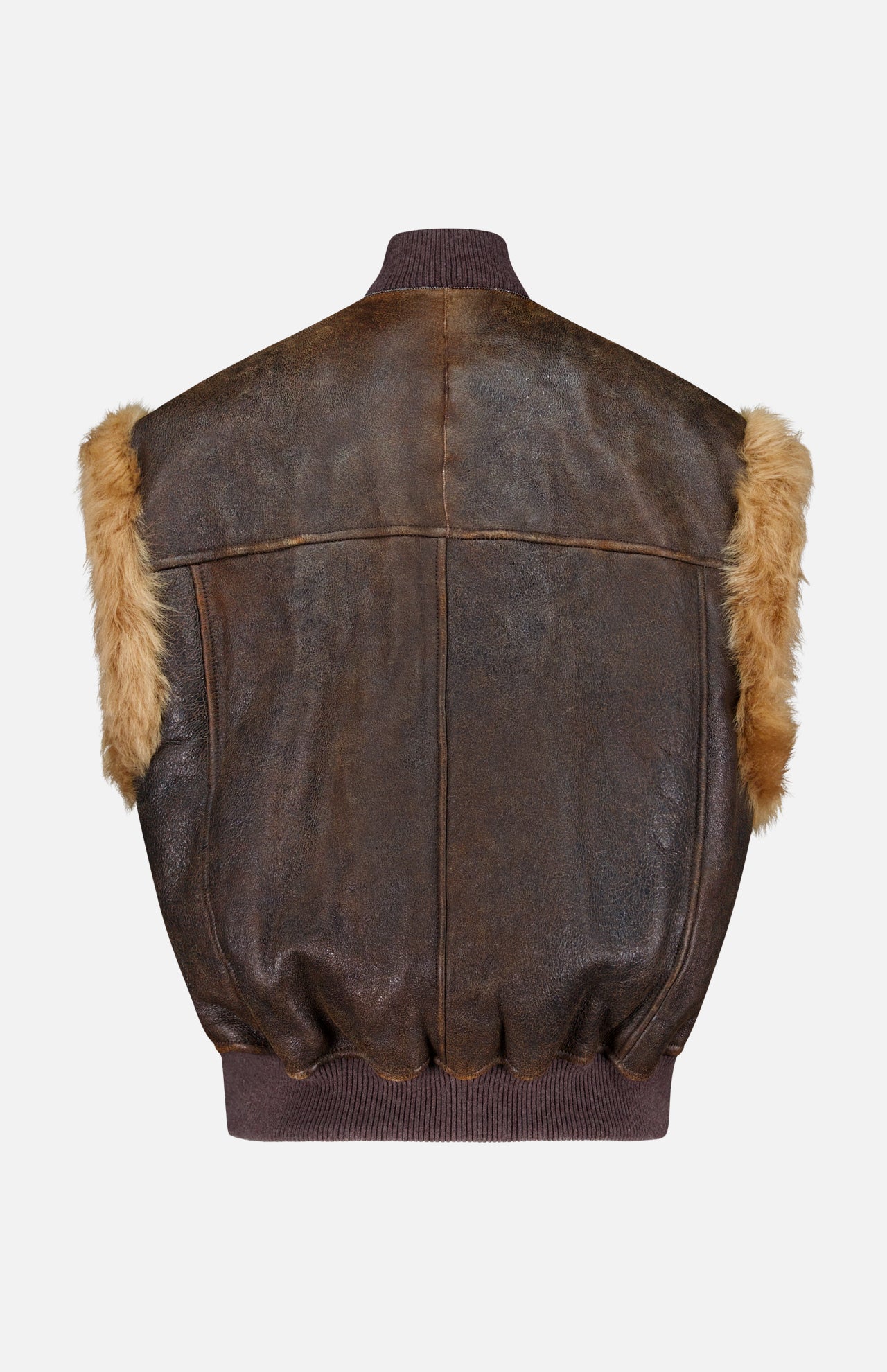 Back view of the BRUNELLO CUCINELLI Vintage Aviator Shearling Vest in brown leather, showcasing a ribbed collar and hem with tan faux fur accents on the shoulders for a classic aviator-inspired look, displayed against a plain white background.