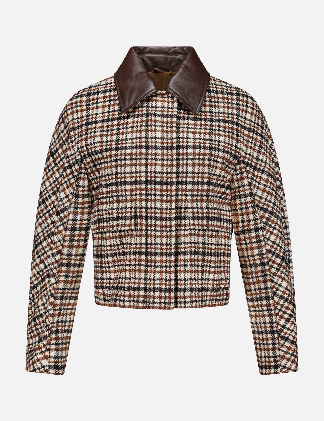 The BRUNELLO CUCINELLI Vintage Wool Check Print Bomber Jacket features a cropped silhouette with long sleeves, a front closure, and a wide dark brown leather collar. Showcasing a classic brown, black, and white check pattern reminiscent of vintage wool designs, this sophisticated piece draws inspiration from iconic Brunello Cucinelli styling. Displayed against a plain white background, it’s an effortlessly chic addition to any bomber jacket collection.