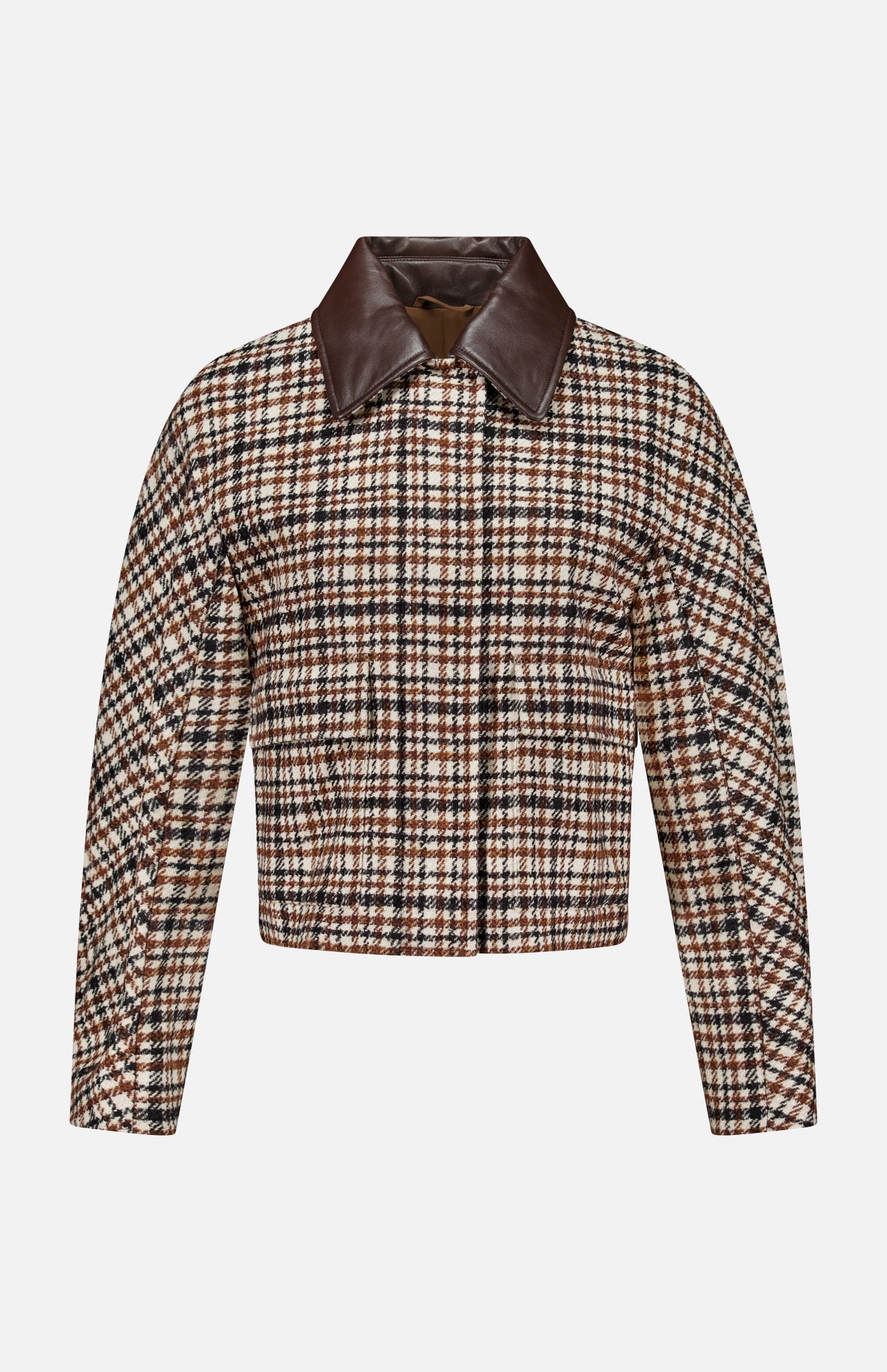 The BRUNELLO CUCINELLI Vintage Wool Check Print Bomber Jacket features a cropped silhouette with long sleeves, a front closure, and a wide dark brown leather collar. Showcasing a classic brown, black, and white check pattern reminiscent of vintage wool designs, this sophisticated piece draws inspiration from iconic Brunello Cucinelli styling. Displayed against a plain white background, it’s an effortlessly chic addition to any bomber jacket collection.