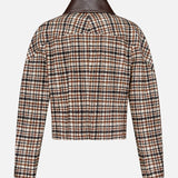 Back view of the Vintage Wool Check Print Bomber Jacket by BRUNELLO CUCINELLI, a cropped style for girls inspired by bomber jackets, featuring brown, black, and white checks in wool, long sleeves, and a dark brown faux leather collar that echoes Brunello Cucinelli’s signature refined tailoring.