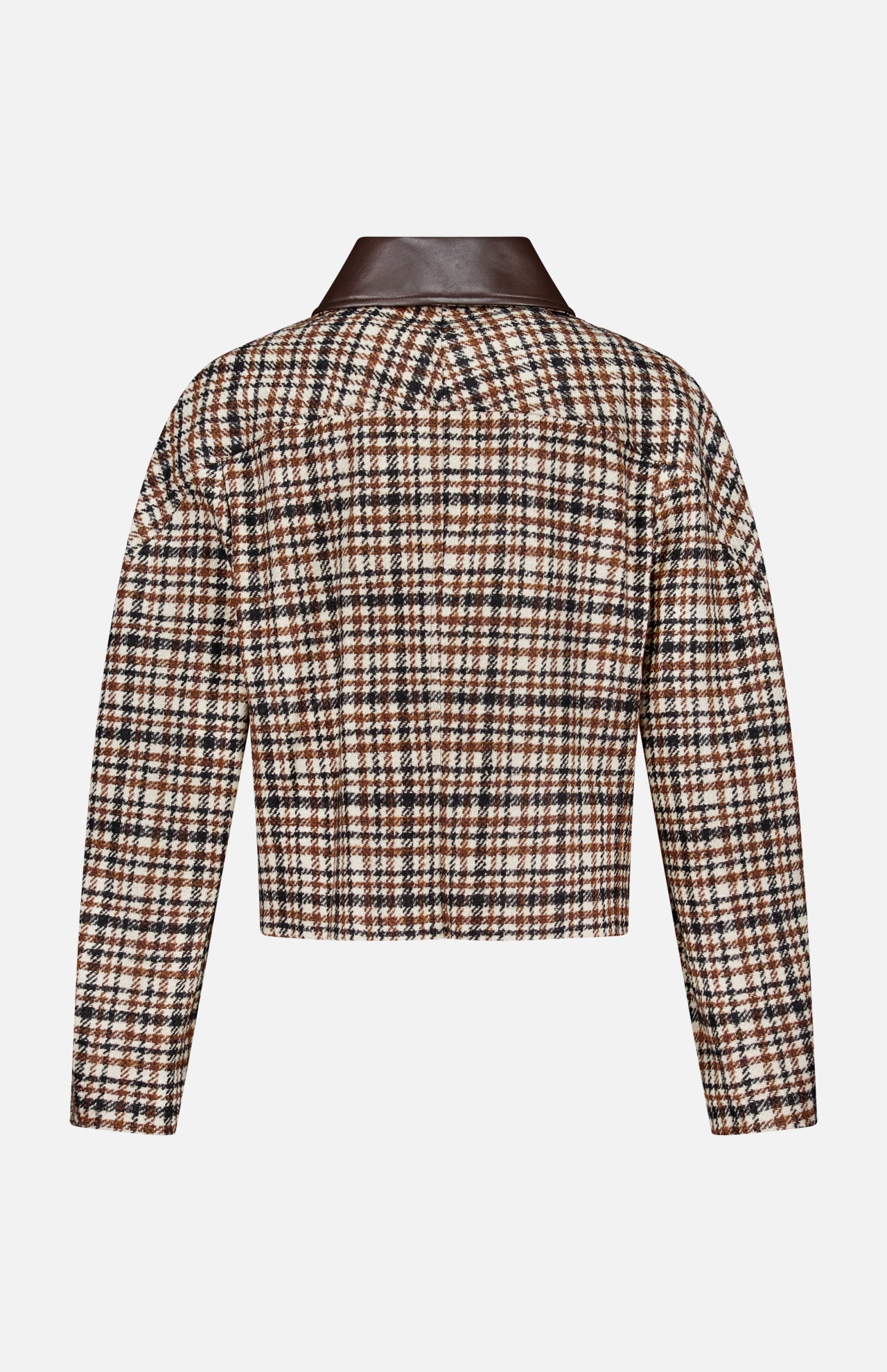 Back view of the Vintage Wool Check Print Bomber Jacket by BRUNELLO CUCINELLI, a cropped style for girls inspired by bomber jackets, featuring brown, black, and white checks in wool, long sleeves, and a dark brown faux leather collar that echoes Brunello Cucinelli’s signature refined tailoring.