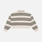 The BRUNELLO CUCINELLI Wool Cashmere Knit Stripe Polo Top features long sleeves, a collar, and horizontal green, beige, and brown stripes, shown laid flat from the back on a white background.