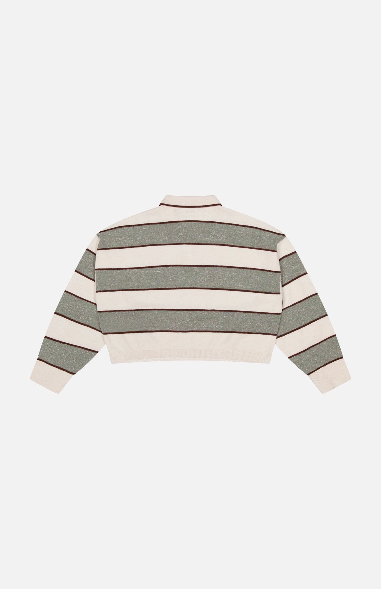 The BRUNELLO CUCINELLI Wool Cashmere Knit Stripe Polo Top features long sleeves, a collar, and horizontal green, beige, and brown stripes, shown laid flat from the back on a white background.