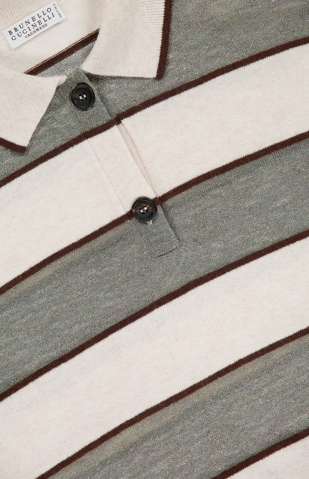 Close-up of the BRUNELLO CUCINELLI Wool Cashmere Knit Stripe Polo Top with horizontal gray and cream stripes, thin brown lines, a collar, and two dark brown buttons on the placket.