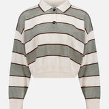 The BRUNELLO CUCINELLI Wool Cashmere Knit Stripe Polo Top features a cropped fit, long sleeves, and horizontal beige, green, and brown stripes with a collared neckline and two buttons—ideal for those who love sporty polo styles.