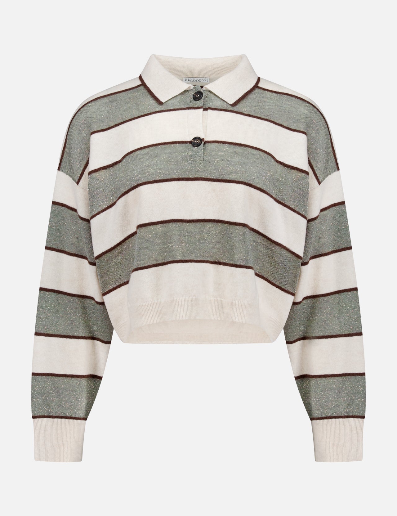 The BRUNELLO CUCINELLI Wool Cashmere Knit Stripe Polo Top features a cropped fit, long sleeves, and horizontal beige, green, and brown stripes with a collared neckline and two buttons—ideal for those who love sporty polo styles.