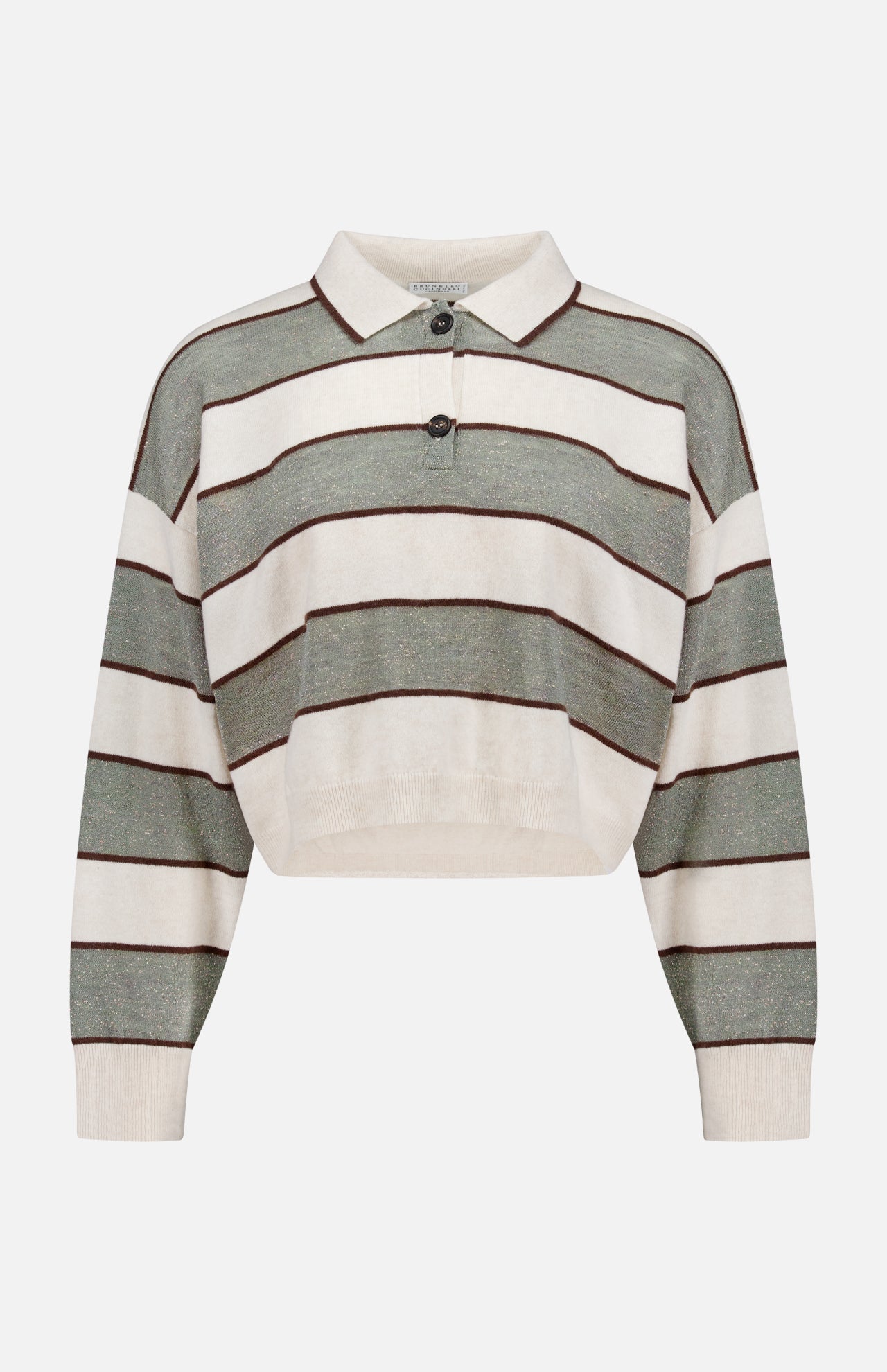 The BRUNELLO CUCINELLI Wool Cashmere Knit Stripe Polo Top features a cropped fit, long sleeves, and horizontal beige, green, and brown stripes with a collared neckline and two buttons—ideal for those who love sporty polo styles.