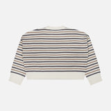 The BRUNELLO CUCINELLI Wool Cashmere Striped Knit Sweater features a cropped silhouette with horizontal navy blue, beige, and gray stripes, accented by white cuffs, hem, and collar. Expertly crafted in Italy, this sweater is displayed against a plain white background.