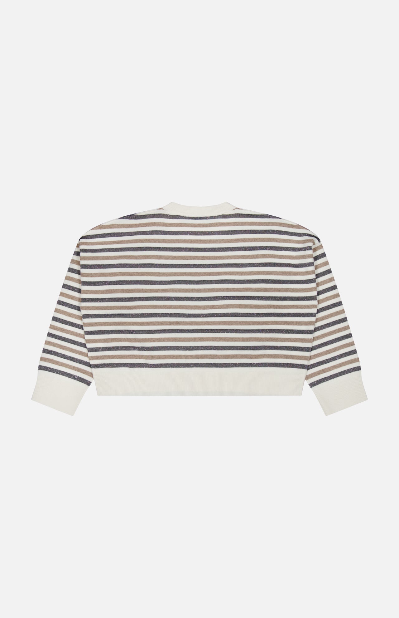 The BRUNELLO CUCINELLI Wool Cashmere Striped Knit Sweater features a cropped silhouette with horizontal navy blue, beige, and gray stripes, accented by white cuffs, hem, and collar. Expertly crafted in Italy, this sweater is displayed against a plain white background.