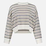 The BRUNELLO CUCINELLI Wool Cashmere Striped Knit Sweater is a long-sleeve, cropped design crafted in Italy. Featuring horizontal stripes in shades of gray, brown, and white, this sweater offers a loose fit complemented by ribbed cuffs, hem, and neckline.