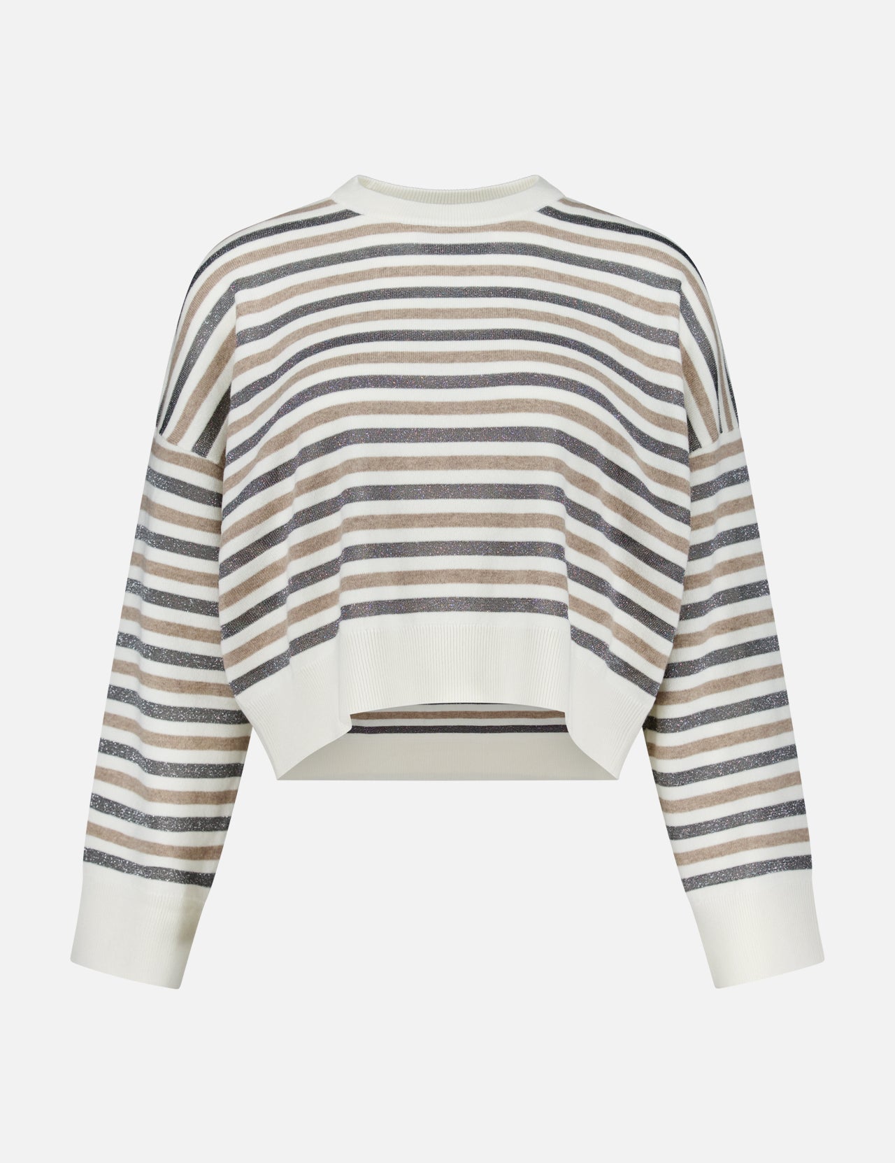 The BRUNELLO CUCINELLI Wool Cashmere Striped Knit Sweater is a long-sleeve, cropped design crafted in Italy. Featuring horizontal stripes in shades of gray, brown, and white, this sweater offers a loose fit complemented by ribbed cuffs, hem, and neckline.