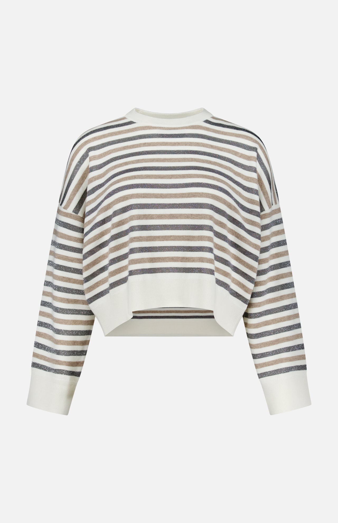 The BRUNELLO CUCINELLI Wool Cashmere Striped Knit Sweater is a long-sleeve, cropped design crafted in Italy. Featuring horizontal stripes in shades of gray, brown, and white, this sweater offers a loose fit complemented by ribbed cuffs, hem, and neckline.