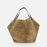 A large, slouchy brown suede Wool Check & Suede Large Reversible Bag featuring two shoulder straps and a reversible shopper design.