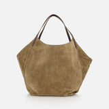 Brunello Cucinelli Wool Check & Suede Large Reversible Bag in olive green suede with a reversible shopper design and thin dark brown leather shoulder straps.