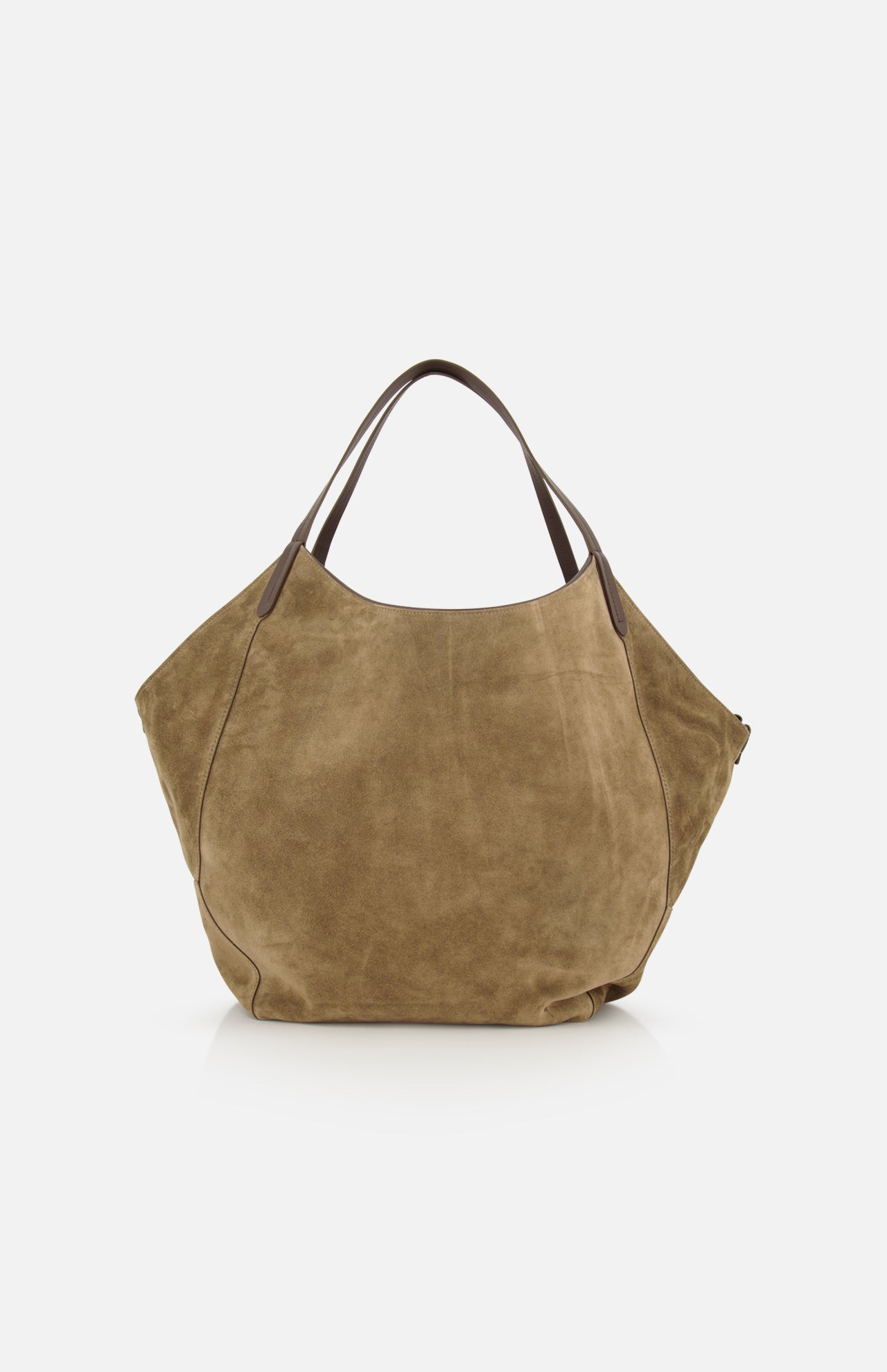 Brunello Cucinelli Wool Check & Suede Large Reversible Bag in olive green suede with a reversible shopper design and thin dark brown leather shoulder straps.