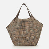 Brunello Cucinelli Wool Check & Suede Large Reversible Bag in a brown and beige Prince of Wales pattern with leather shoulder straps.
