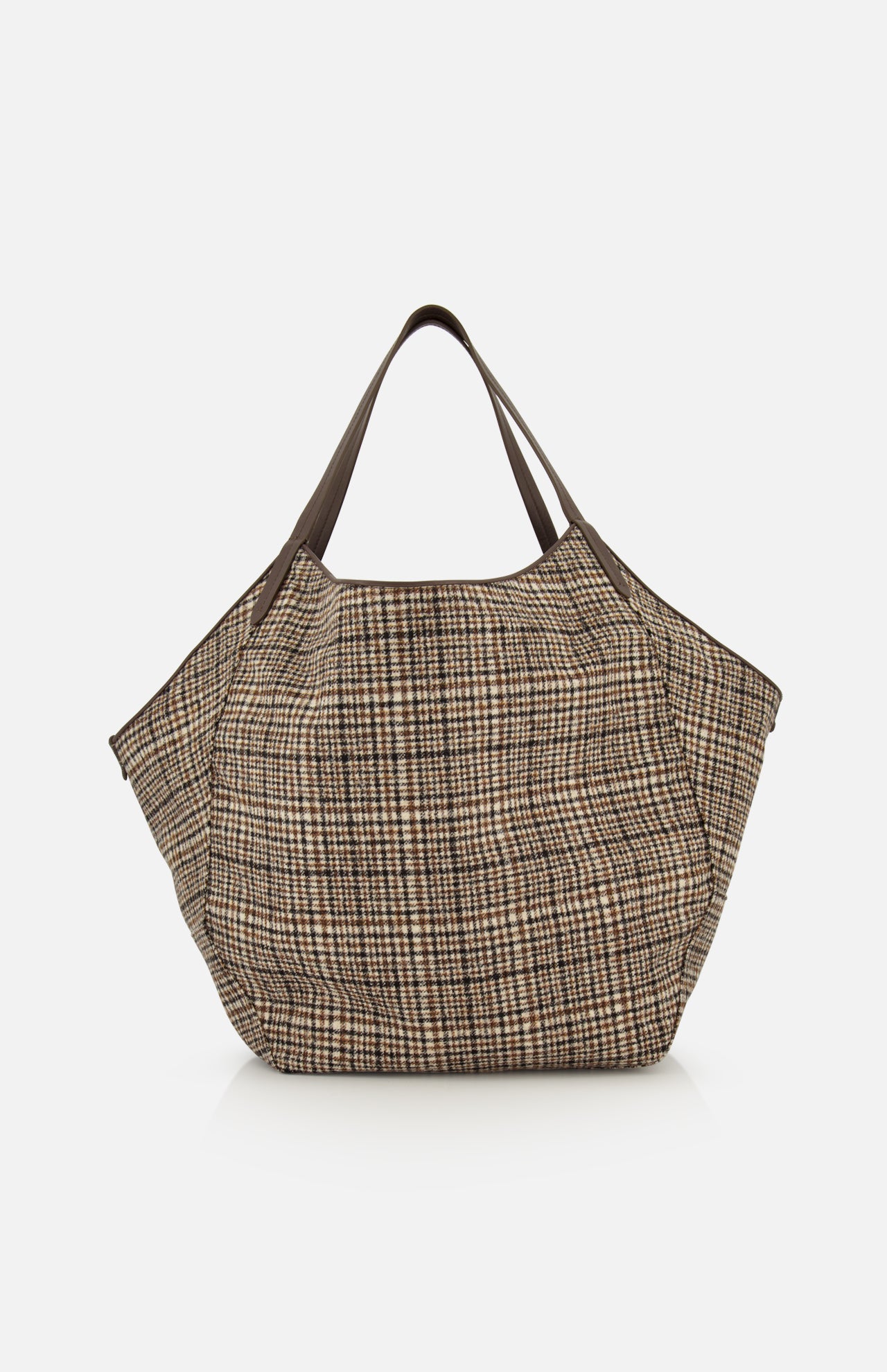 Brunello Cucinelli Wool Check & Suede Large Reversible Bag in a brown and beige Prince of Wales pattern with leather shoulder straps.
