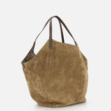 Brunello Cucinelli Wool Check & Suede Large Reversible Bag in brown suede with two thin leather handles and a visible Prince of Wales pattern wool interior.